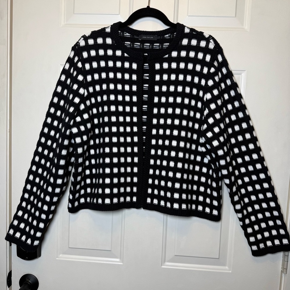 Ann Taylor Black and White Checkered Cardigan